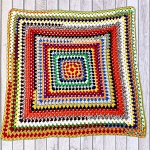Vintage Granny Square Crocheted Afghan Multicolored Boho Throw Blanket Handmade